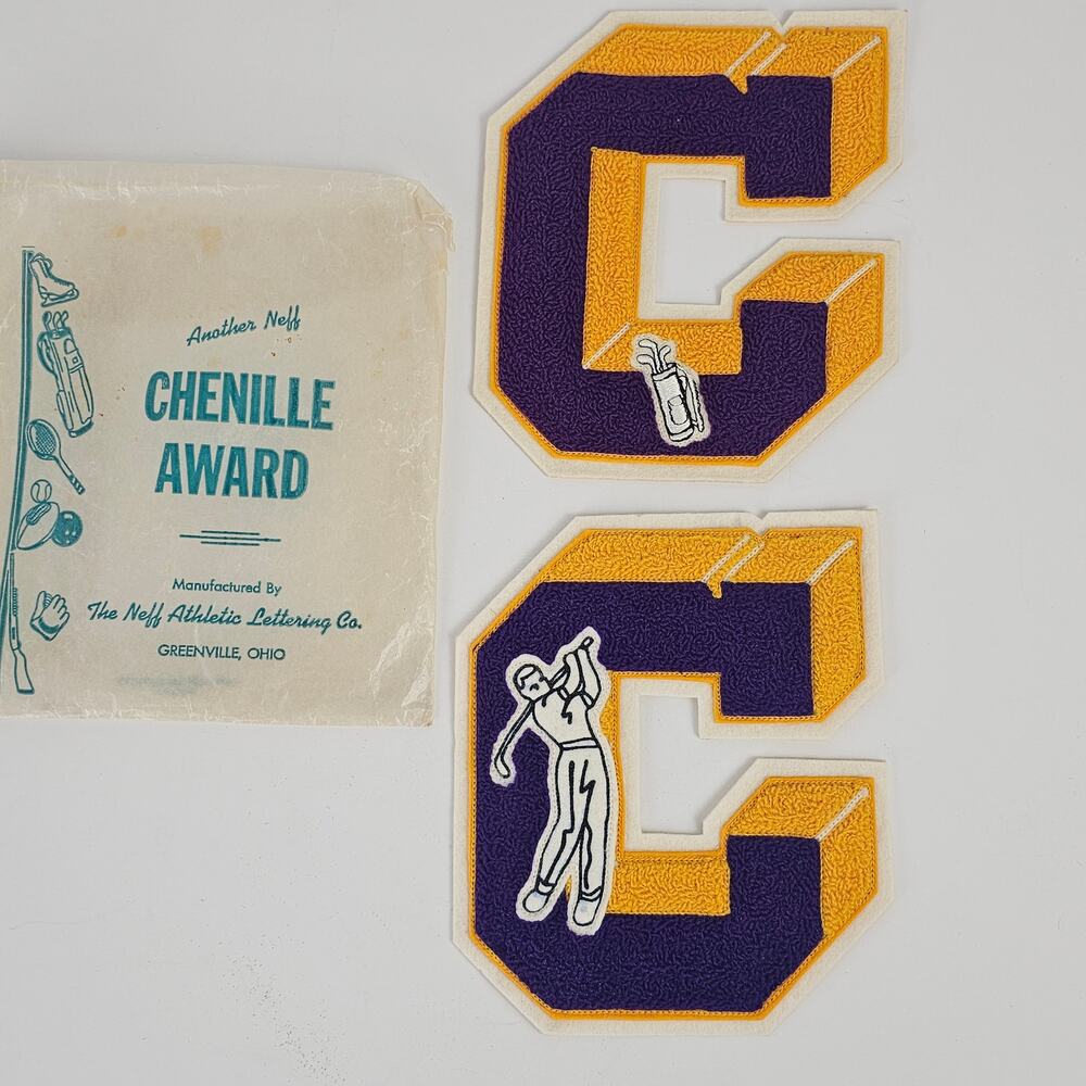 VTG pair gold purple letter C award patches golfer golf bag athletic chenille